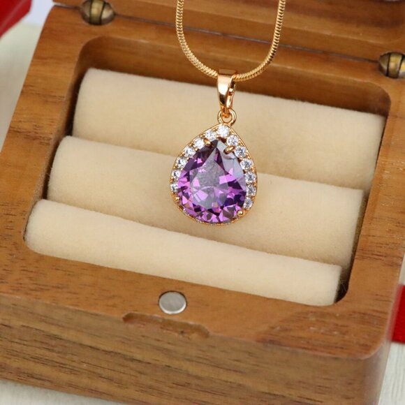"Teardrop Purple Pendant with Crystal Halo in Elegant Rose Gold Finish, XPPT1615 - Picture 7 of 13